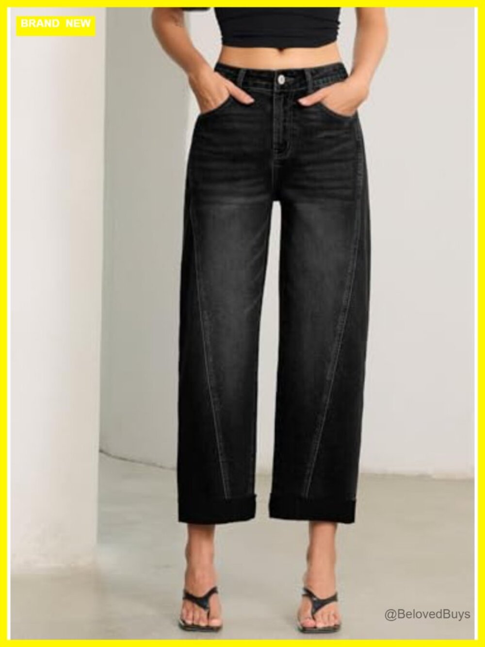 High Waisted Wide Leg Barrel Jeans Raw Rolled Hem Cropped Ankle Denim Pants - Picture 2 of 6